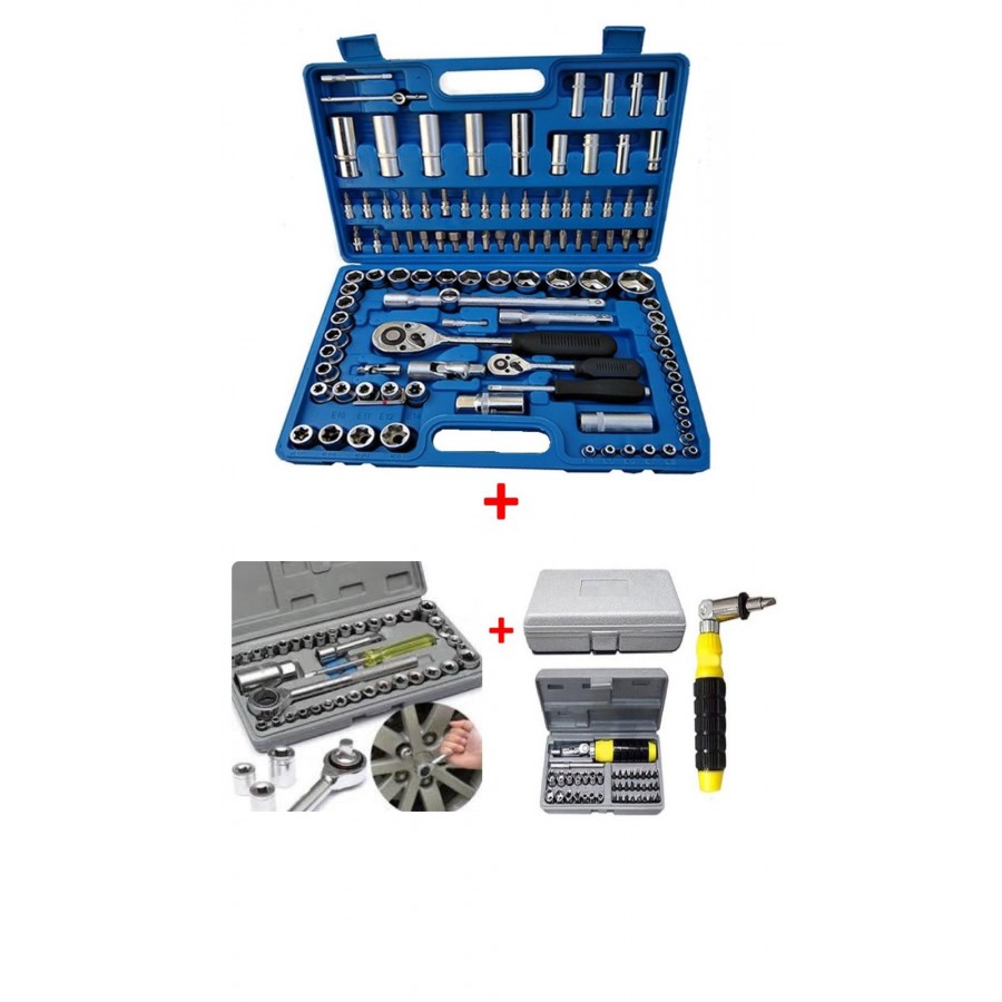 PACHET PROMOTIONAL Trusa de 108 chei tubulare cromate + Set complet  surubelnita brat flexibil cu accesorii, trusa 41in1 + Set Complet Capete Tubulare si  Cheie 40 piese 