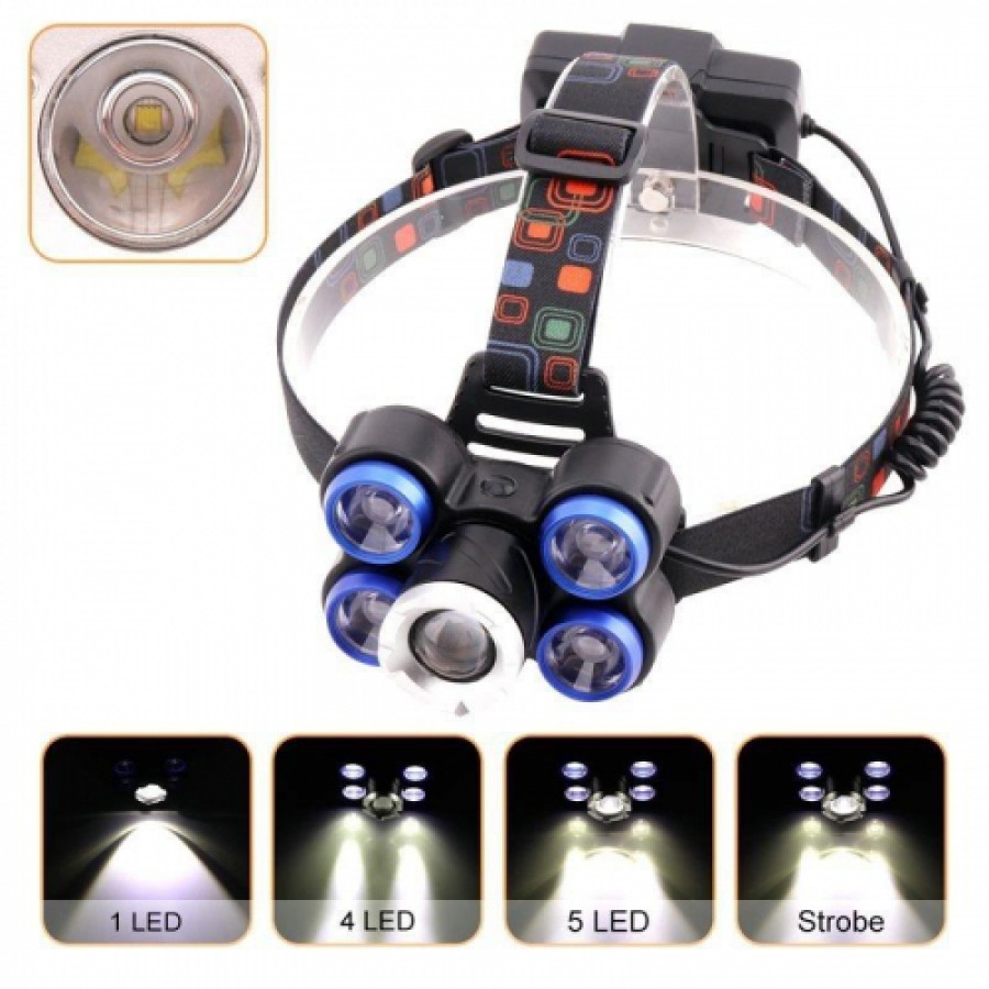 Lanterna frontala de cap 5 LED reglabila cu acumulator - Iluminat - reducerim.ro